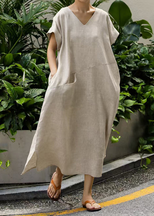 Art Beige Oversized Patchwork Linen Holiday Dresses Summer