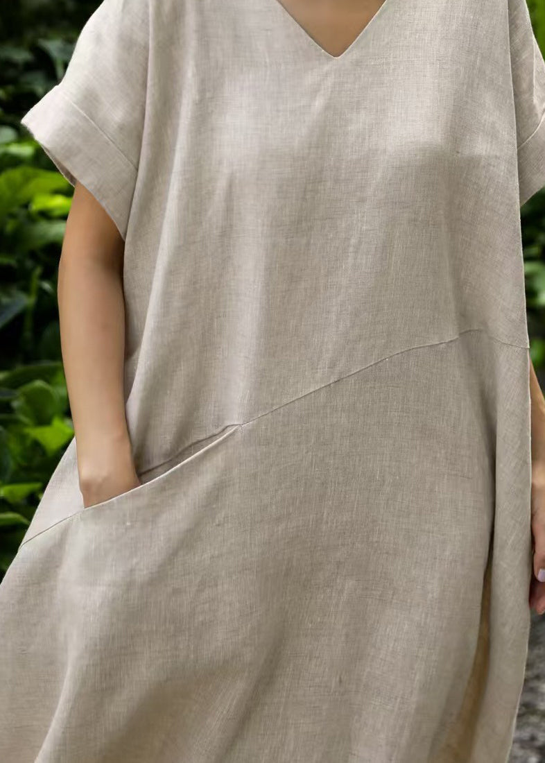 Art Beige Oversized Patchwork Linen Holiday Dresses Summer
