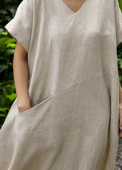 Art Beige Oversized Patchwork Linen Holiday Dresses Summer