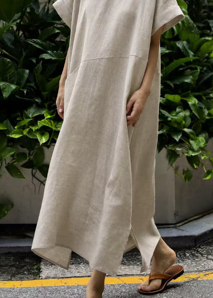 Art Beige Oversized Patchwork Linen Holiday Dresses Summer