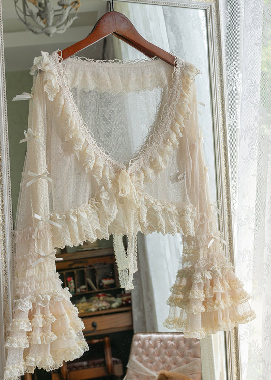 Art Beige Ruffled Bow Tulle Cardigans Flare Sleeve