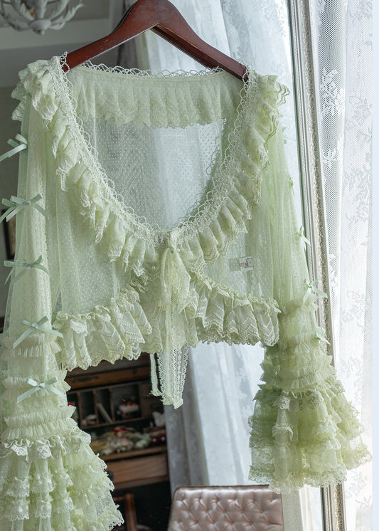 Art Beige Ruffled Bow Tulle Cardigans Flare Sleeve