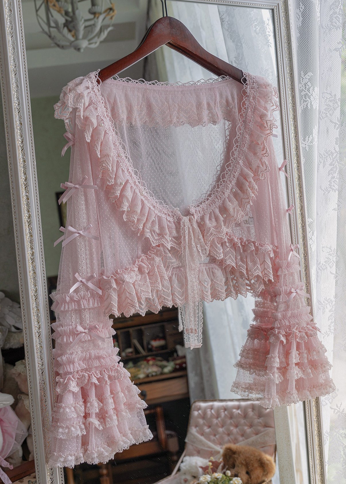 Art Beige Ruffled Bow Tulle Cardigans Flare Sleeve