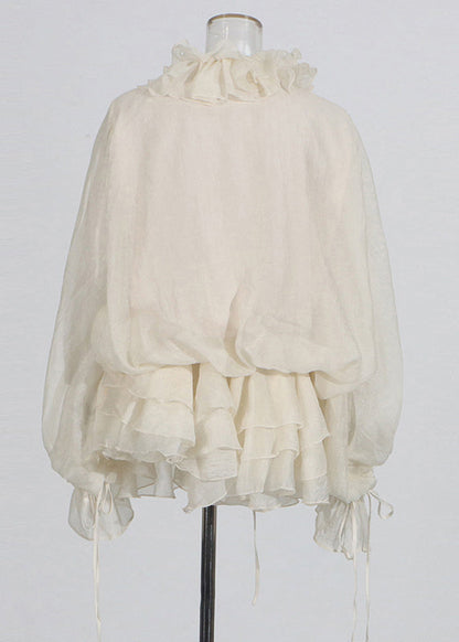 Art Beige Ruffled Lace Up Solid Chiffon Mini Dresses Spring