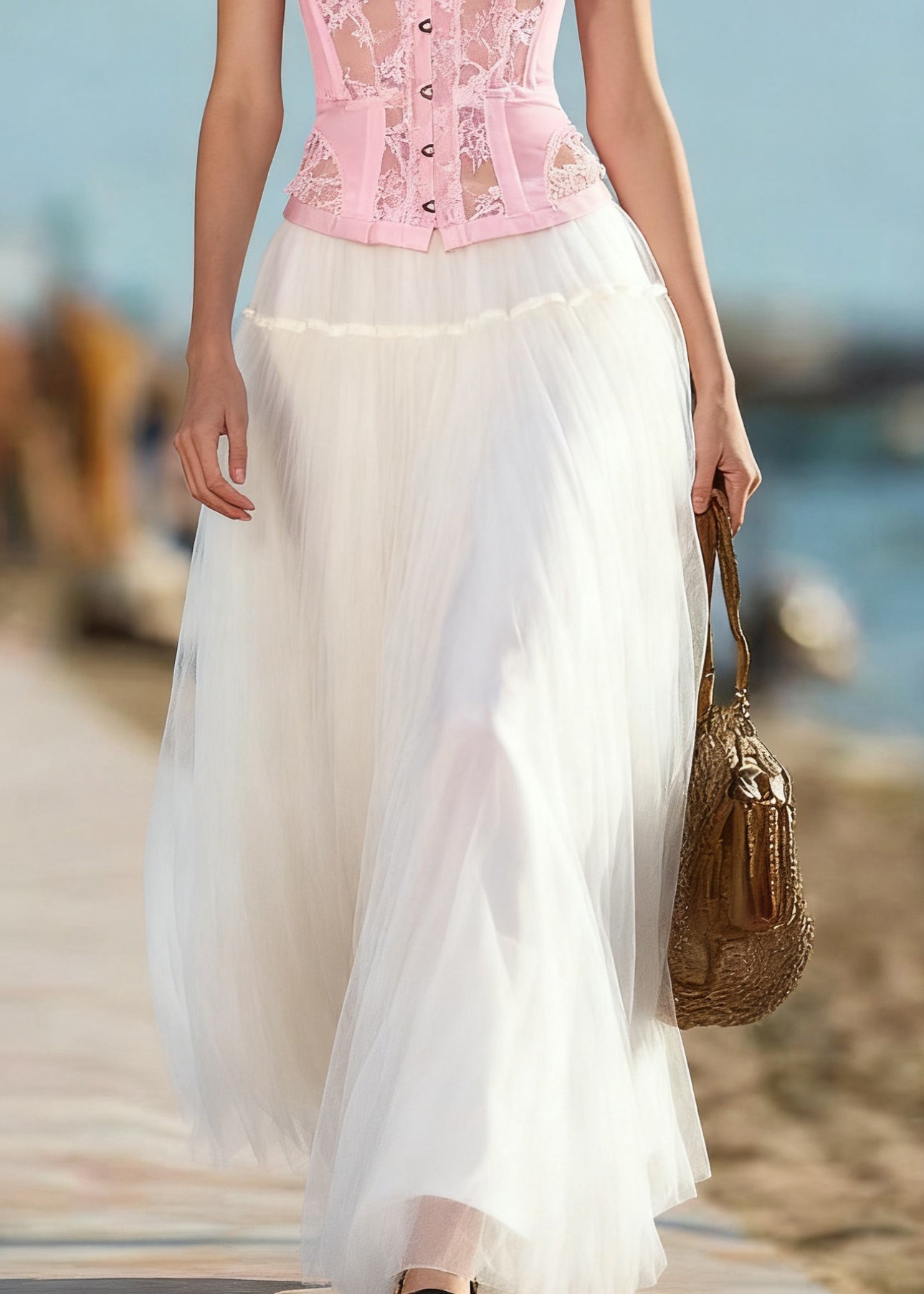 Art Beige Solid Elastic Waist Tulle Skirts Summer