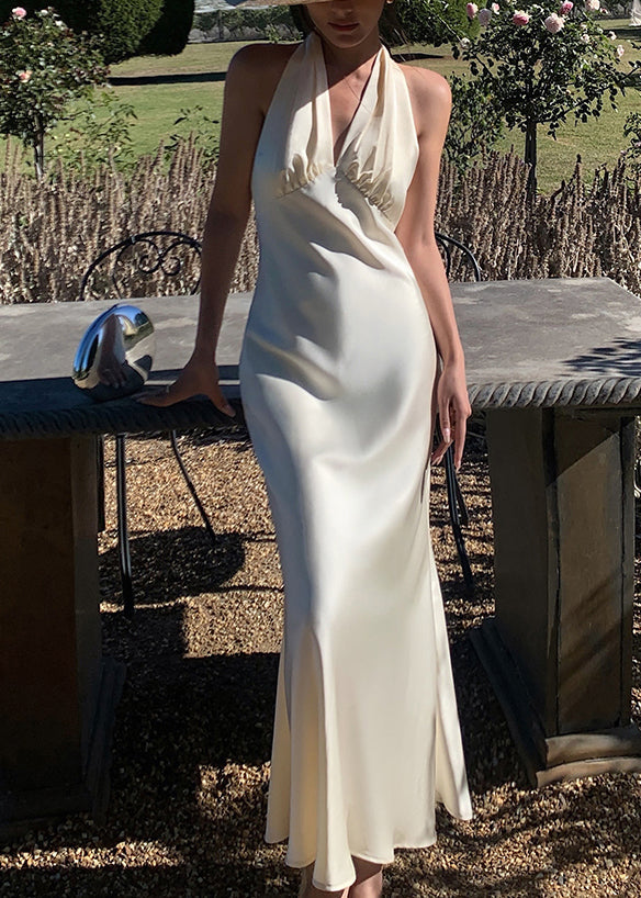 Art Beige V Neck Backless Solid Silk Long Dresses Sleeveless