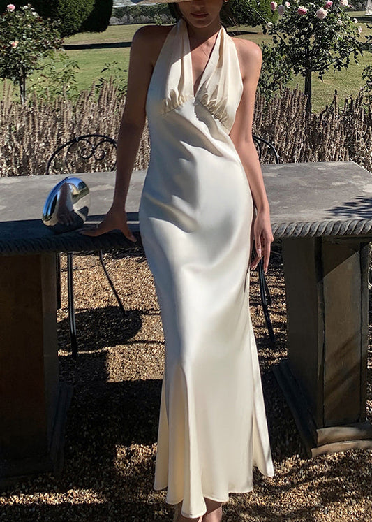 Art Beige V Neck Backless Solid Silk Long Dresses Sleeveless