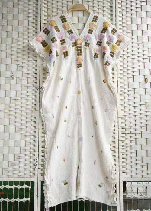 Art Beige V Neck Embroidered Ruffled Cotton Long Dresses Summer
