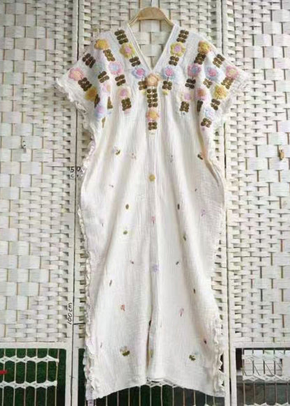Art Beige V Neck Embroidered Ruffled Cotton Long Dresses Summer