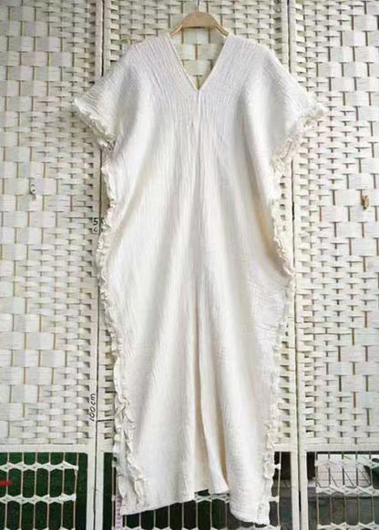 Art Beige V Neck Embroidered Ruffled Cotton Long Dresses Summer