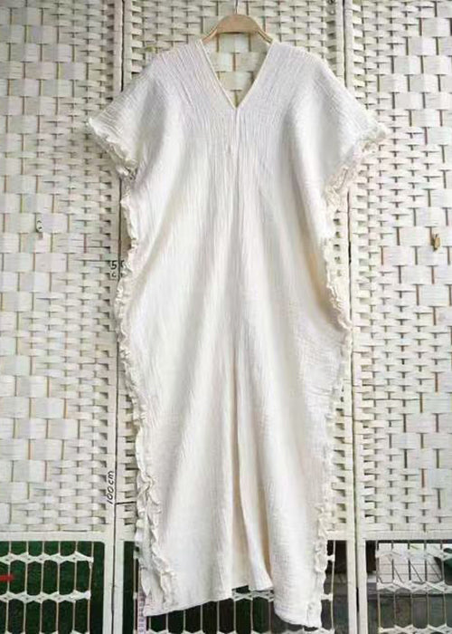 Art Beige V Neck Embroidered Ruffled Cotton Long Dresses Summer