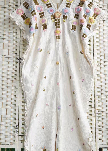 Art Beige V Neck Embroidered Ruffled Cotton Long Dresses Summer