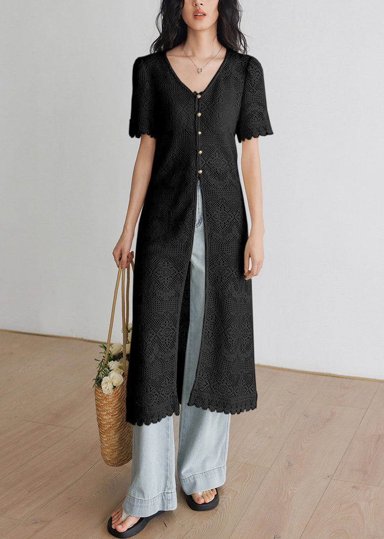 Art Beige V Neck Hollow Out Long Knit Cardigans Summer