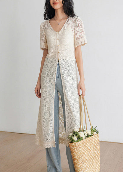 Art Beige V Neck Hollow Out Long Knit Cardigans Summer