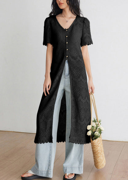 Art Beige V Neck Hollow Out Long Knit Cardigans Summer