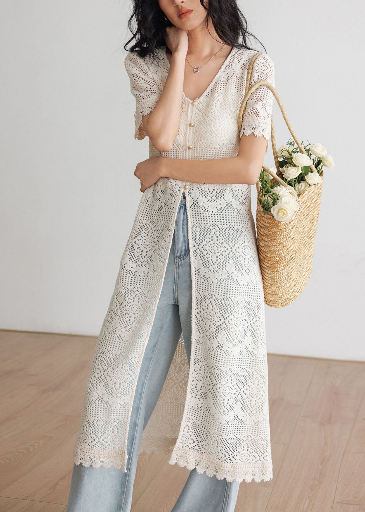 Art Beige V Neck Hollow Out Long Knit Cardigans Summer