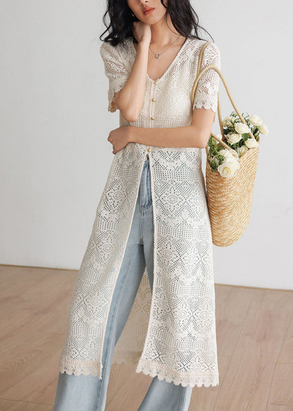 Art Beige V Neck Hollow Out Long Knit Cardigans Summer