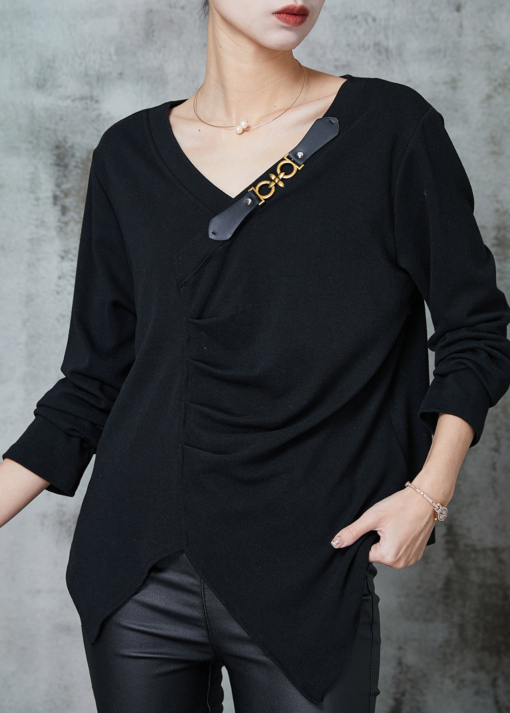 Art Black Asymmetrical Wrinkled Cotton Sweatshirts Top Spring