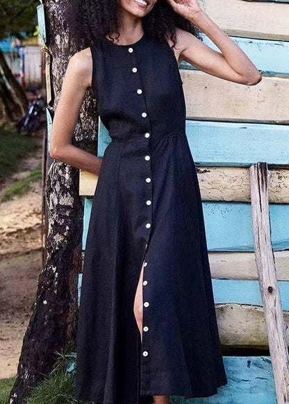 Art Black Button Down Side Open Cotton Holiday Dress Sleeveless