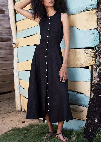 Art Black Button Down Side Open Cotton Holiday Dress Sleeveless