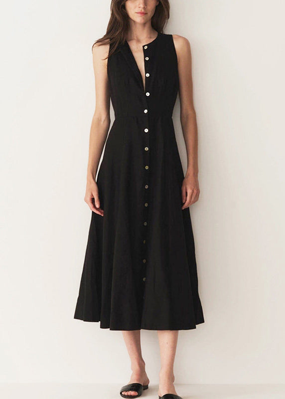 Art Black Button Down Side Open Cotton Holiday Dress Sleeveless