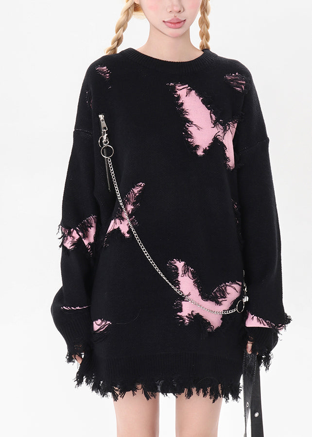 Art Black Chain Linked Butterfly Hole Knit Pullover Winter