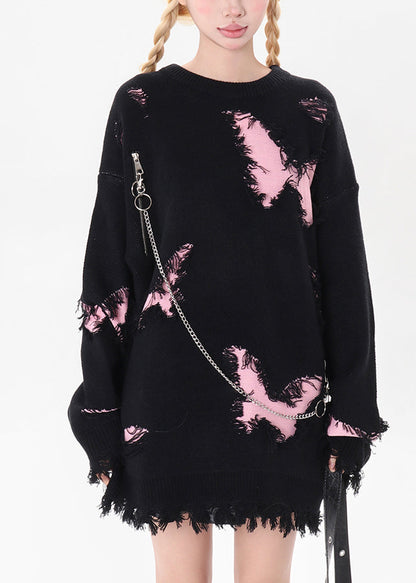 Art Black Chain Linked Butterfly Hole Knit Pullover Winter