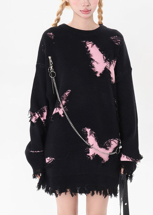 Art Black Chain Linked Butterfly Hole Knit Pullover Winter