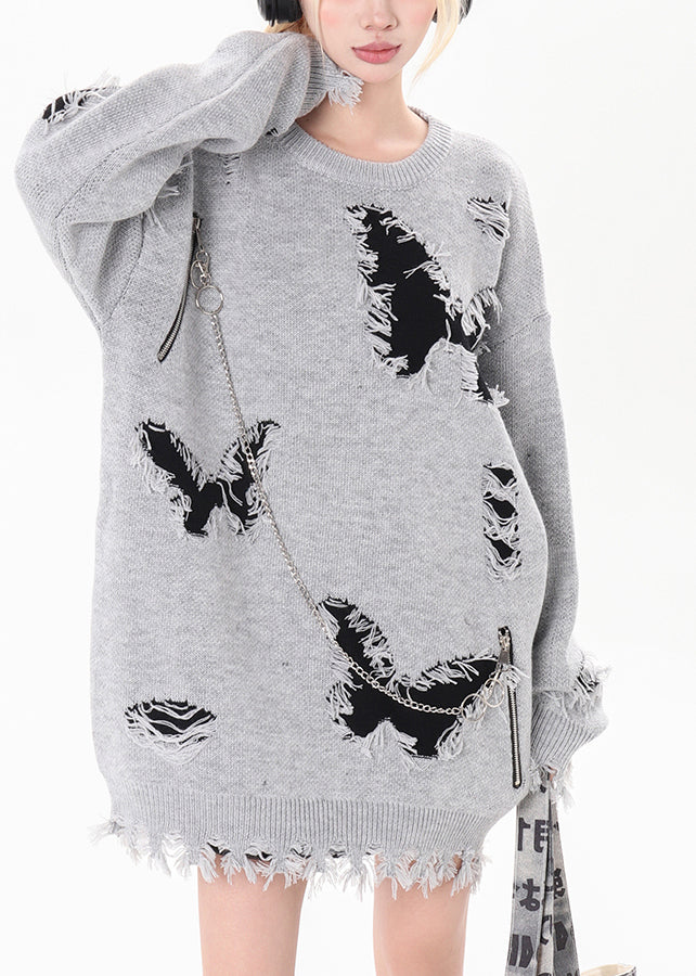 Art Black Chain Linked Butterfly Hole Knit Pullover Winter