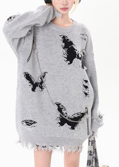 Art Black Chain Linked Butterfly Hole Knit Pullover Winter