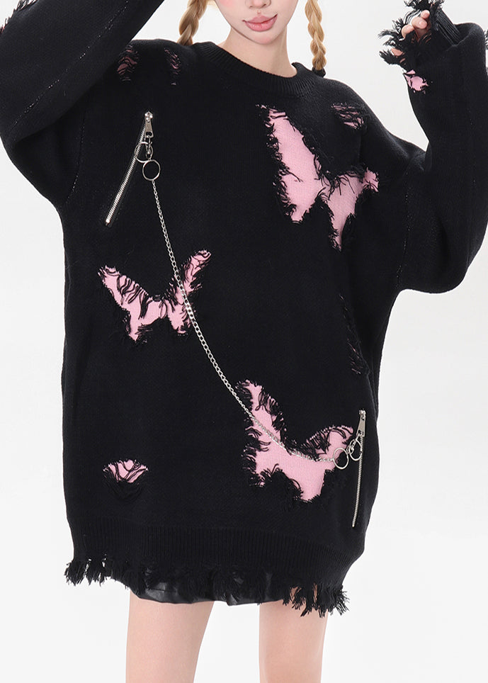 Art Black Chain Linked Butterfly Hole Knit Pullover Winter