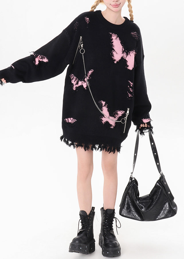 Art Black Chain Linked Butterfly Hole Knit Pullover Winter
