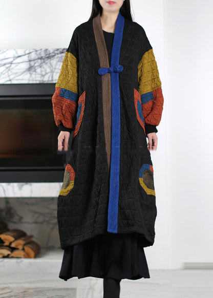 Art Black Chinese Button Patchwork Fine Cotton Filled Trench Winter