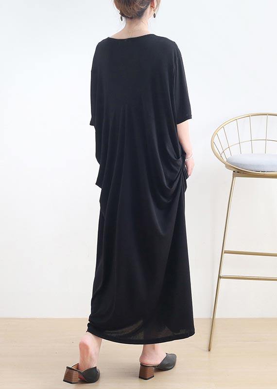 Art Black Cinched O-Neck Summer Cotton Dress - SooLinen