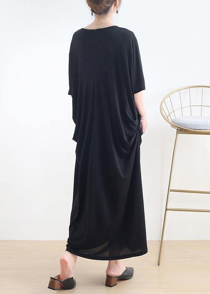 Art Black Cinched O-Neck Summer Cotton Dress - SooLinen