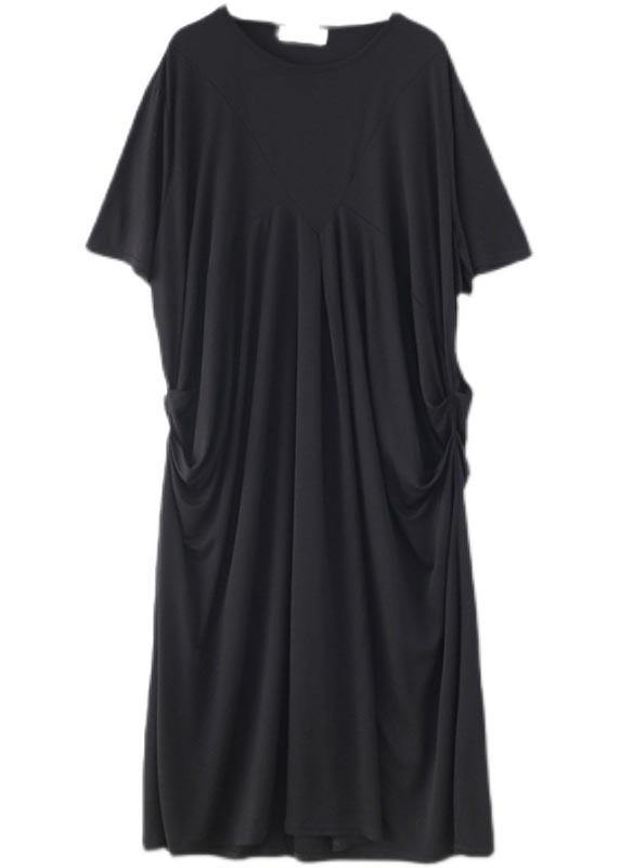 Art Black Cinched O-Neck Summer Cotton Dress - SooLinen