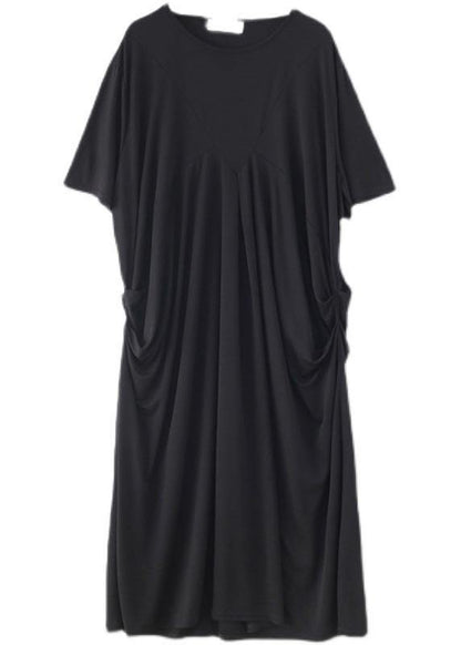 Art Black Cinched O-Neck Summer Cotton Dress - SooLinen