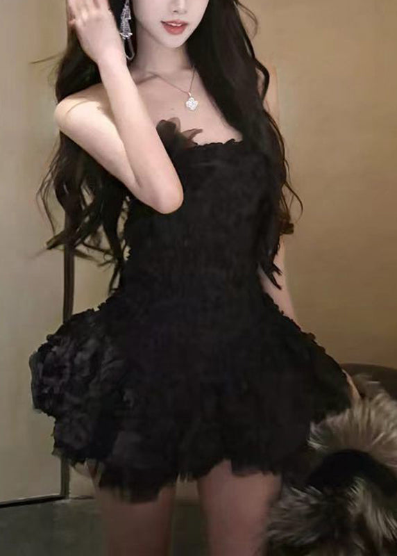 Art Black Cold Shoulder Tunic Tulle Mini Dresses Sleeveless