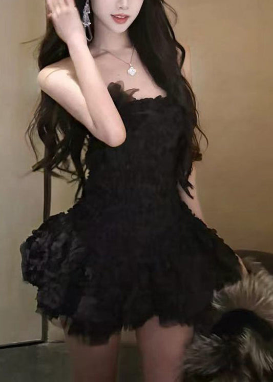 Art Black Cold Shoulder Tunic Tulle Mini Dresses Sleeveless