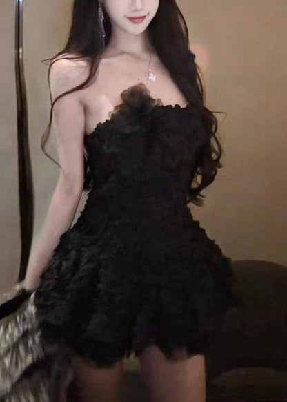Art Black Cold Shoulder Tunic Tulle Mini Dresses Sleeveless