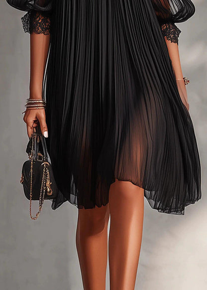 Art Black Cold Shoulder Wrinkled Chiffon Vacation Dress Summer