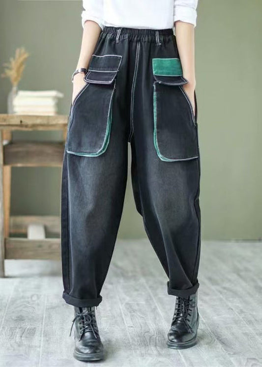 Art Black Elastic Waist Patchwork Pockets Denim Harem Pants Spring