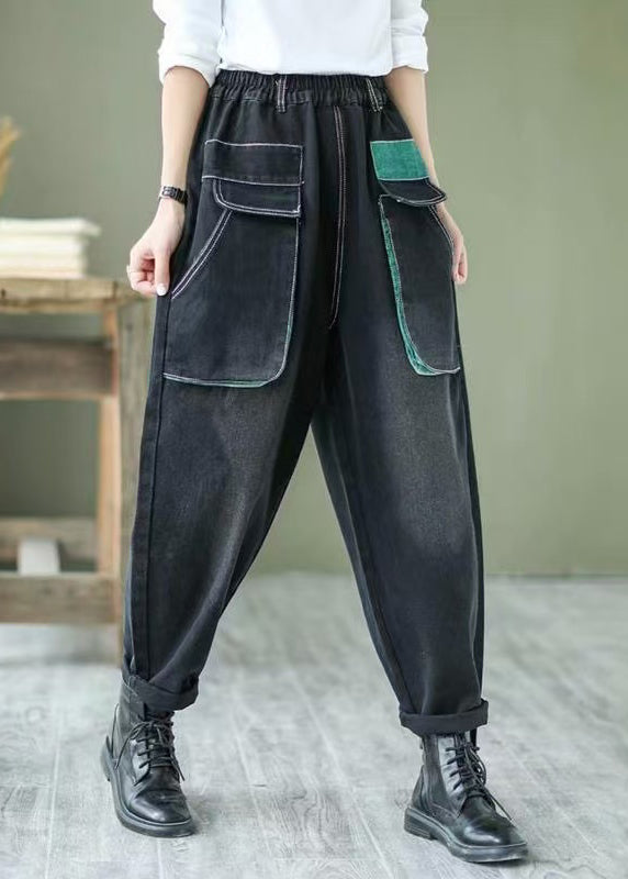 Art Black Elastic Waist Patchwork Pockets Denim Harem Pants Spring