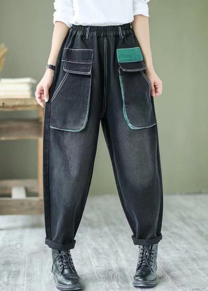 Art Black Elastic Waist Patchwork Pockets Denim Harem Pants Spring