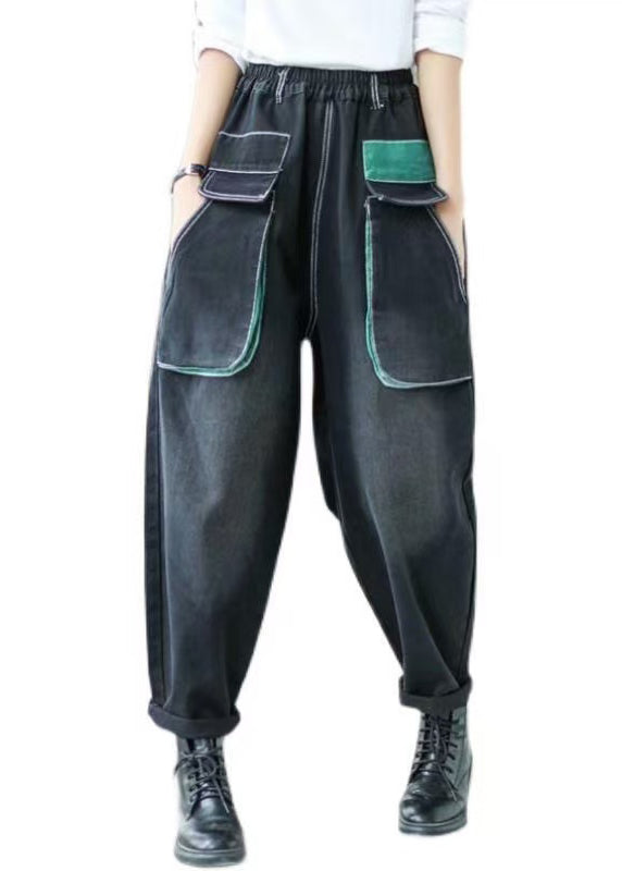 Art Black Elastic Waist Patchwork Pockets Denim Harem Pants Spring