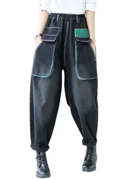 Art Black Elastic Waist Patchwork Pockets Denim Harem Pants Spring