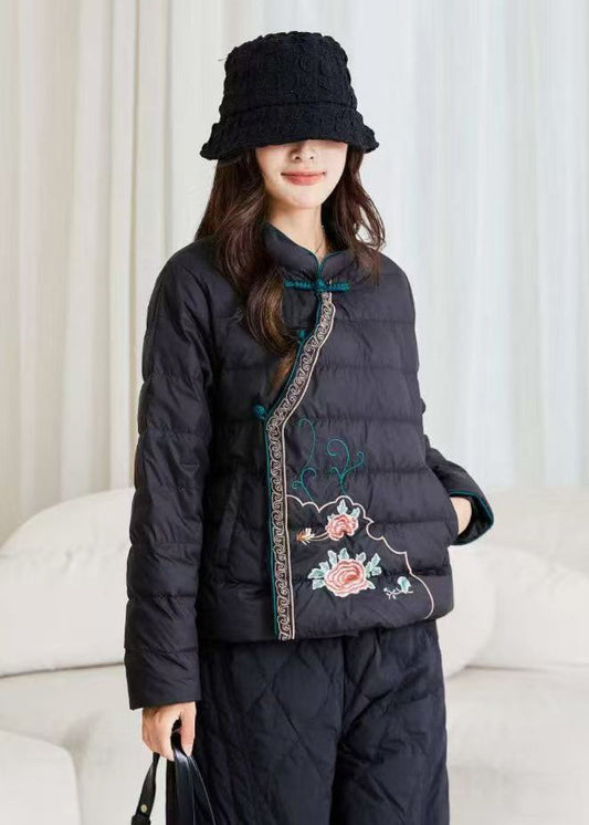 Art Black Embroidered Button Duck Down Filled Puffer Coat Winter