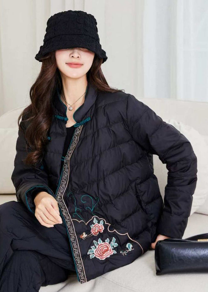 Art Black Embroidered Button Duck Down Filled Puffer Coat Winter