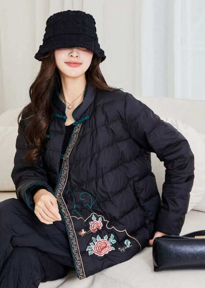 Art Black Embroidered Button Duck Down Filled Puffer Coat Winter
