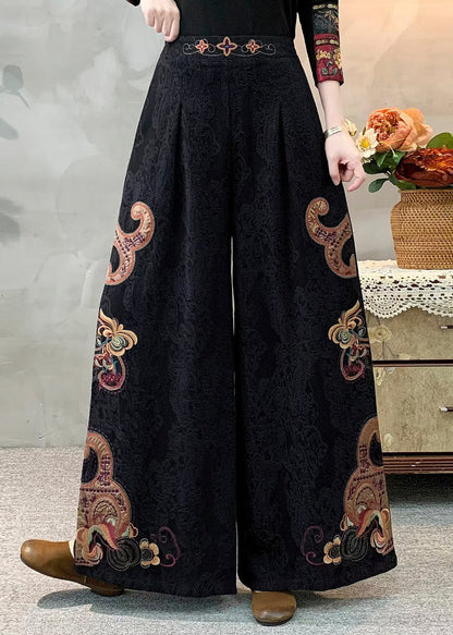 Art Black Embroidered Linen Pants Trousers Spring